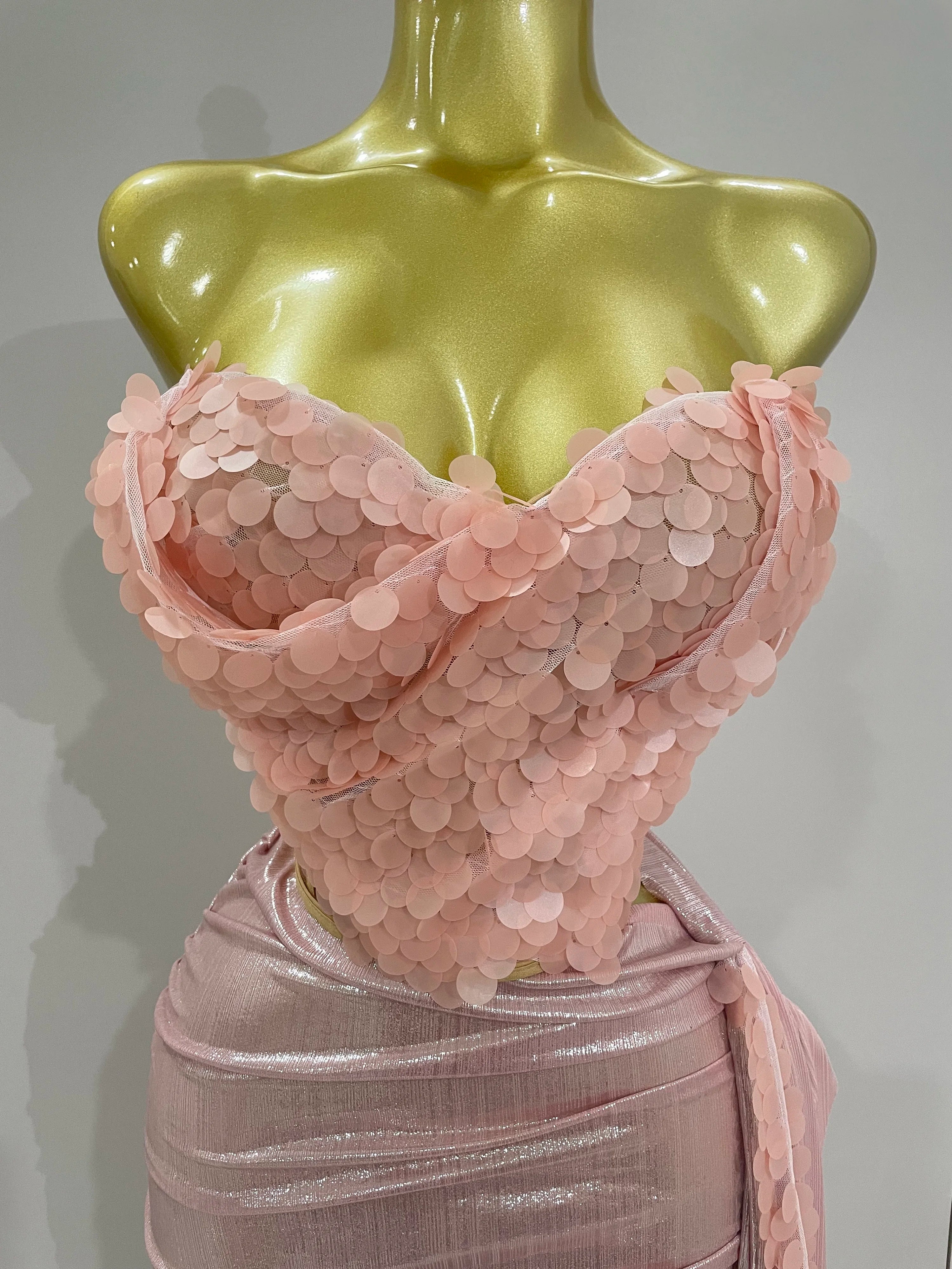 2025New Sexy Pink Sequin Strapless 2 Pieces Bodycon Mini Dress Women Celebrate Birthday Party Bar Singer Nightclub Stage Costume