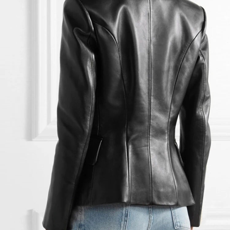 Solid Work Outerwear Women PU Leather Jacket Autumn Buttons Thin Blazer Vintage Long Sleeve Casual Lapel Collar Coat