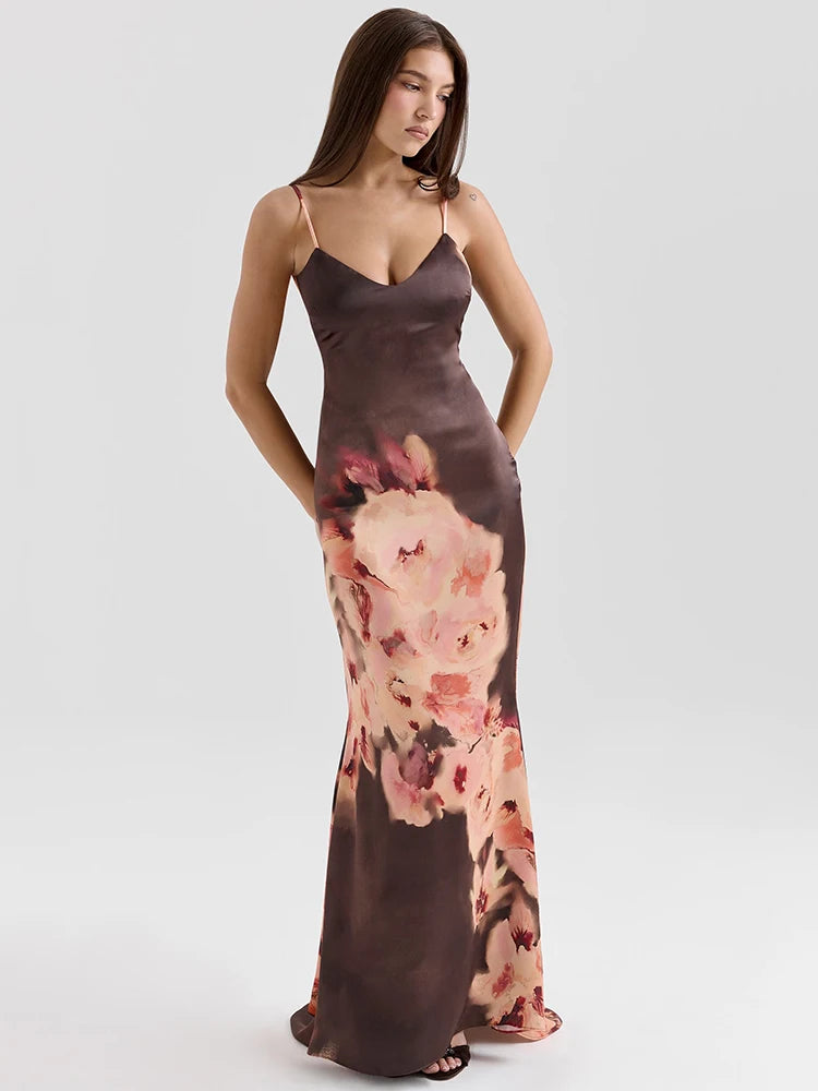 Satin Floral Print Sexy Maxi Dress Women Gown Elegant Spaghetti Strap Sleeveless Backless Bodycon Evening Club Dress