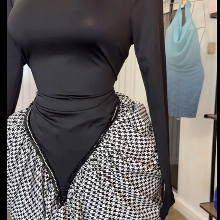 CM.YAYA Women Houndstooth Stacked Ruched Side Long Sleeve Bodycon Midi Maxi Long Dress 2025 Birthday Vacation Sexy Party Dresses