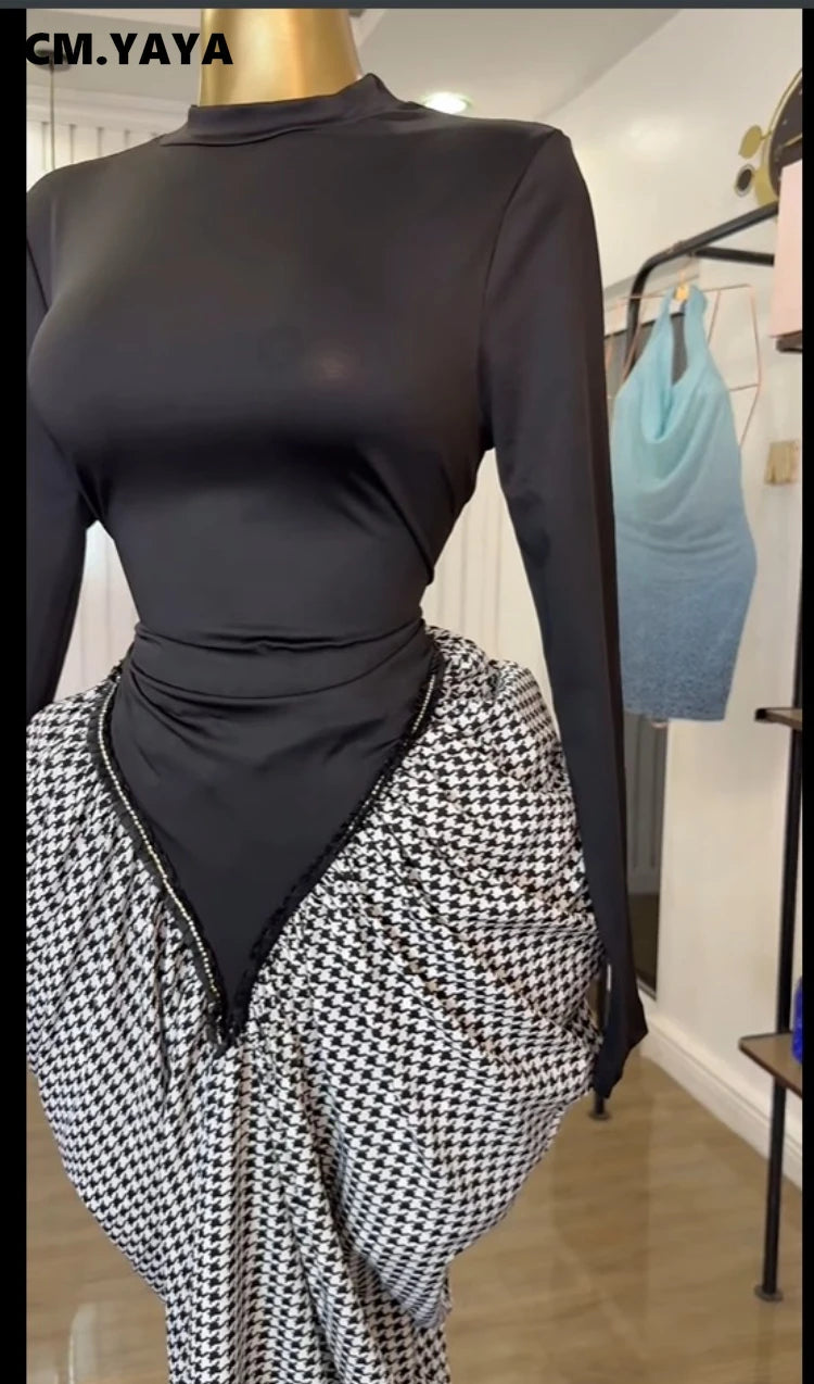 CM.YAYA Women Houndstooth Stacked Ruched Side Long Sleeve Bodycon Midi Maxi Long Dress 2025 Birthday Vacation Sexy Party Dresses