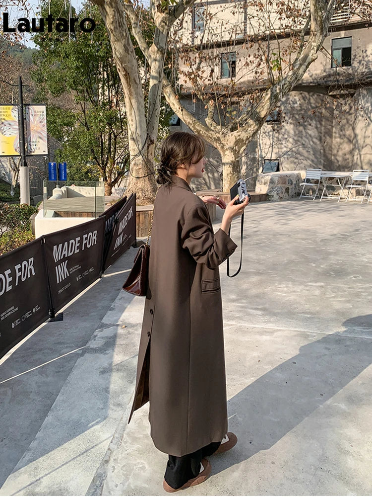 Autumn Long Coffee Flowy Blazer Coat Women with Back High Slit Double Breasted Loose Casual Korean Fashion Overcoat 2024