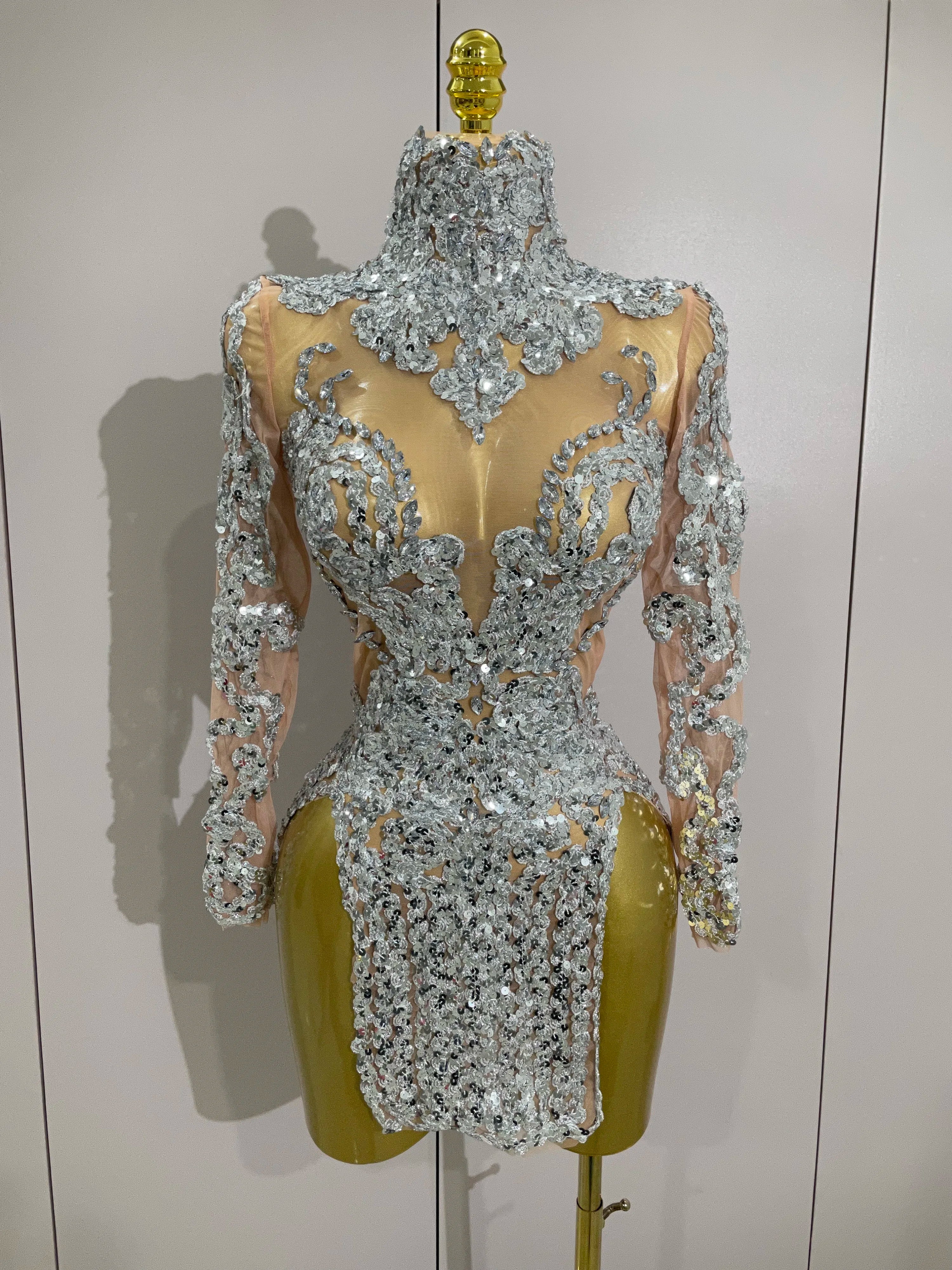 Luxury Sparkly Sequins Stretch Long Sleeve Mesh Mini Dress 2025 Women Birthday Party Nightclub Dancer Stage Performance Costume