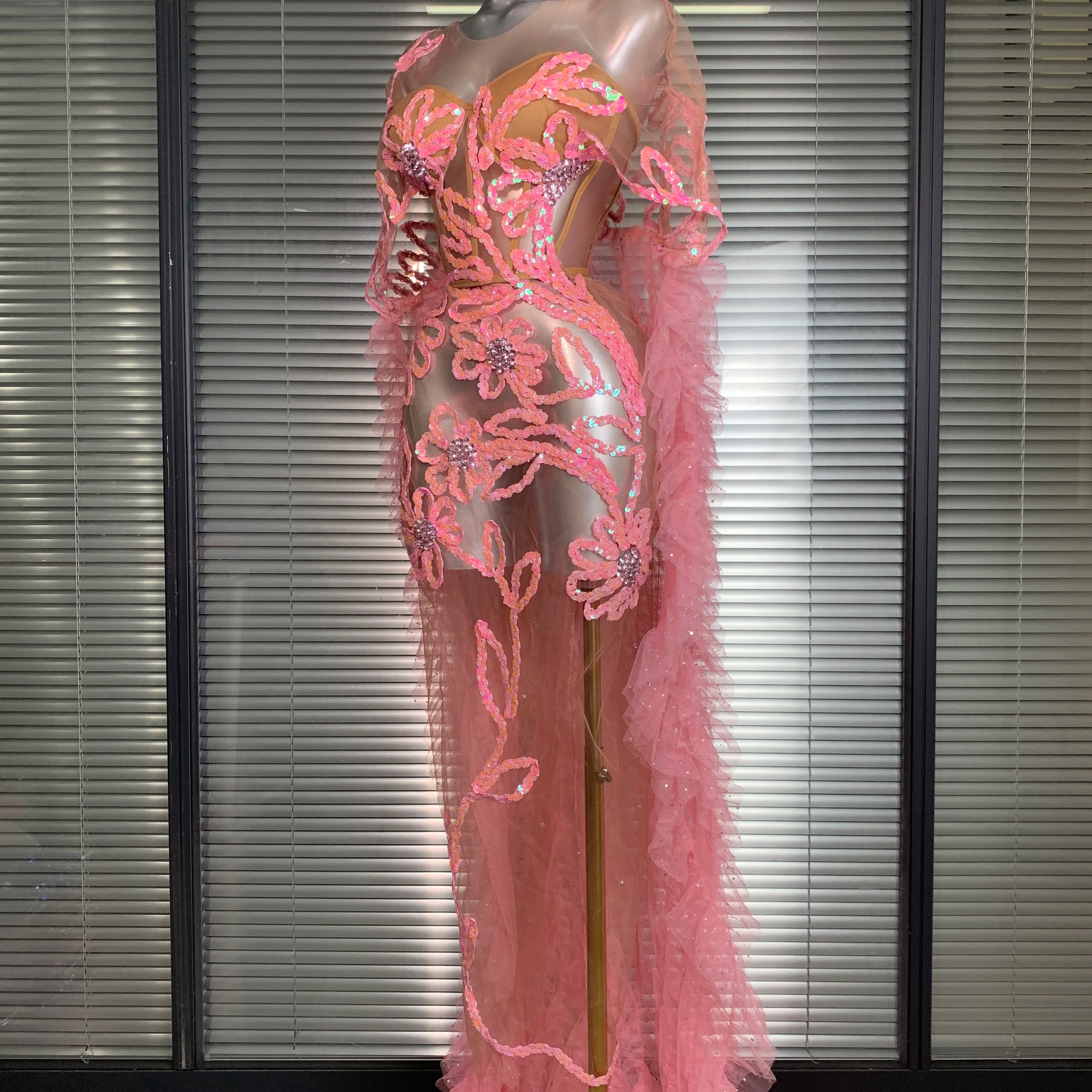 New Women Sexy Mesh Sheer Sequins Pink Maxi Dress See Through Sparkly Shining Party Costume Stage Performance Dress