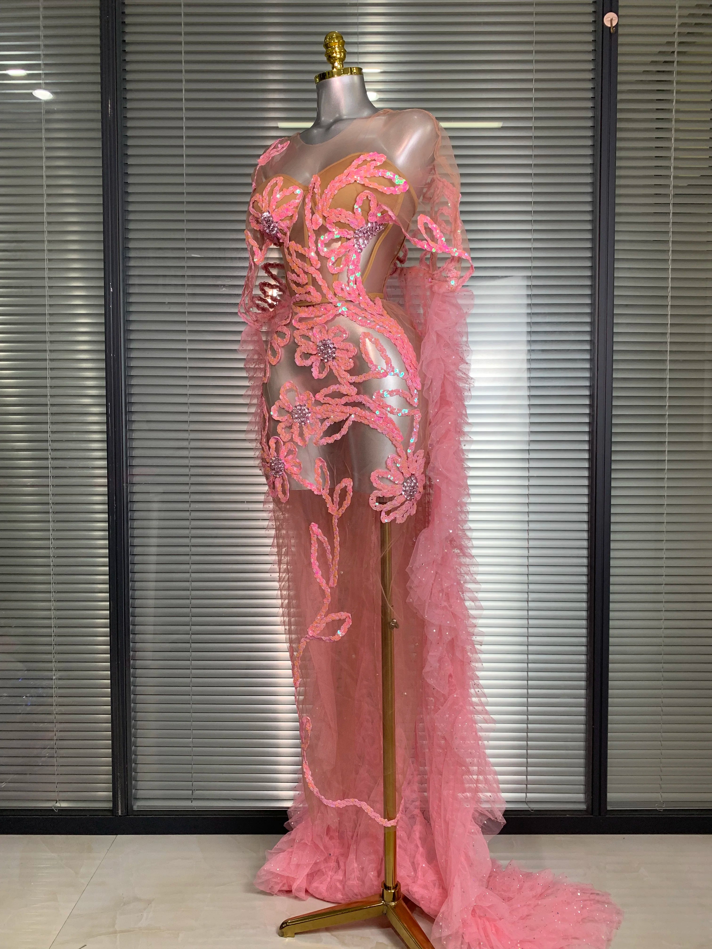 New Women Sexy Mesh Sheer Sequins Pink Maxi Dress See Through Sparkly Shining Party Costume Stage Performance Dress