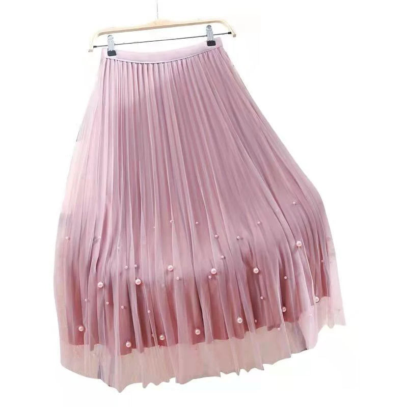 Both Sides Wear Pearls Mesh Skirt Women Summer Velvet High Waist Long Skirts Woman Solid Color A Line Pleated Skirts Pink One Size