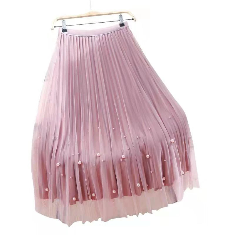 Both Sides Wear Pearls Mesh Skirt Women Summer Velvet High Waist Long Skirts Woman Solid Color A Line Pleated Skirts Pink One Size