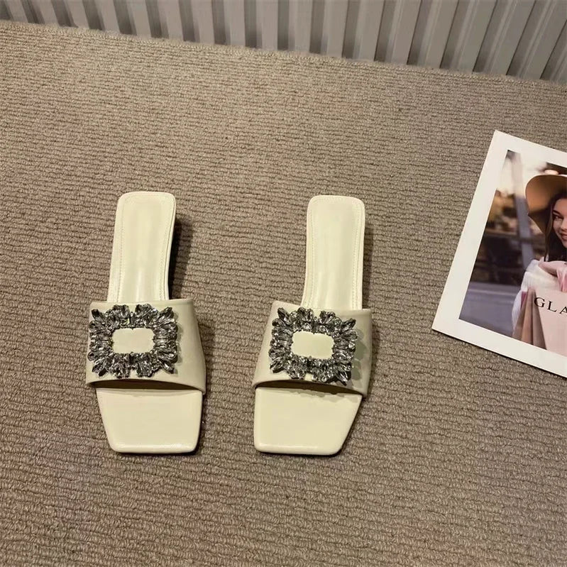 Elegant S Slippers Women's Open Toe Flat Heel Slip-on Muller Shoes Crystal Slippers Brand Rhinestone Square Buckle Sandals Mujer apricot