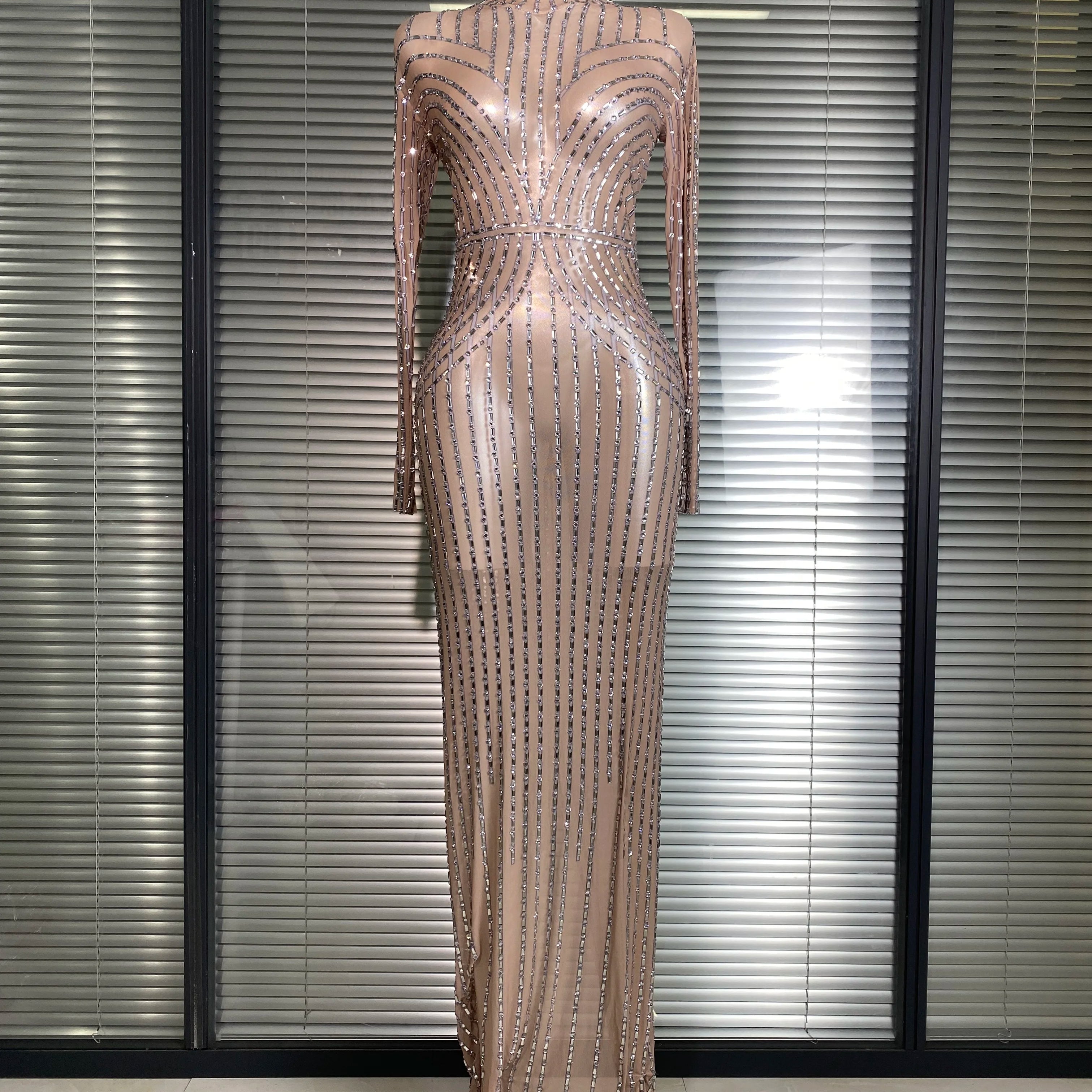 Women Sexy Long Sleeve Mesh Sequins Maxi Dress See Through Gold Silver Party Singer Party Costume Sheer Stage Performance Dress