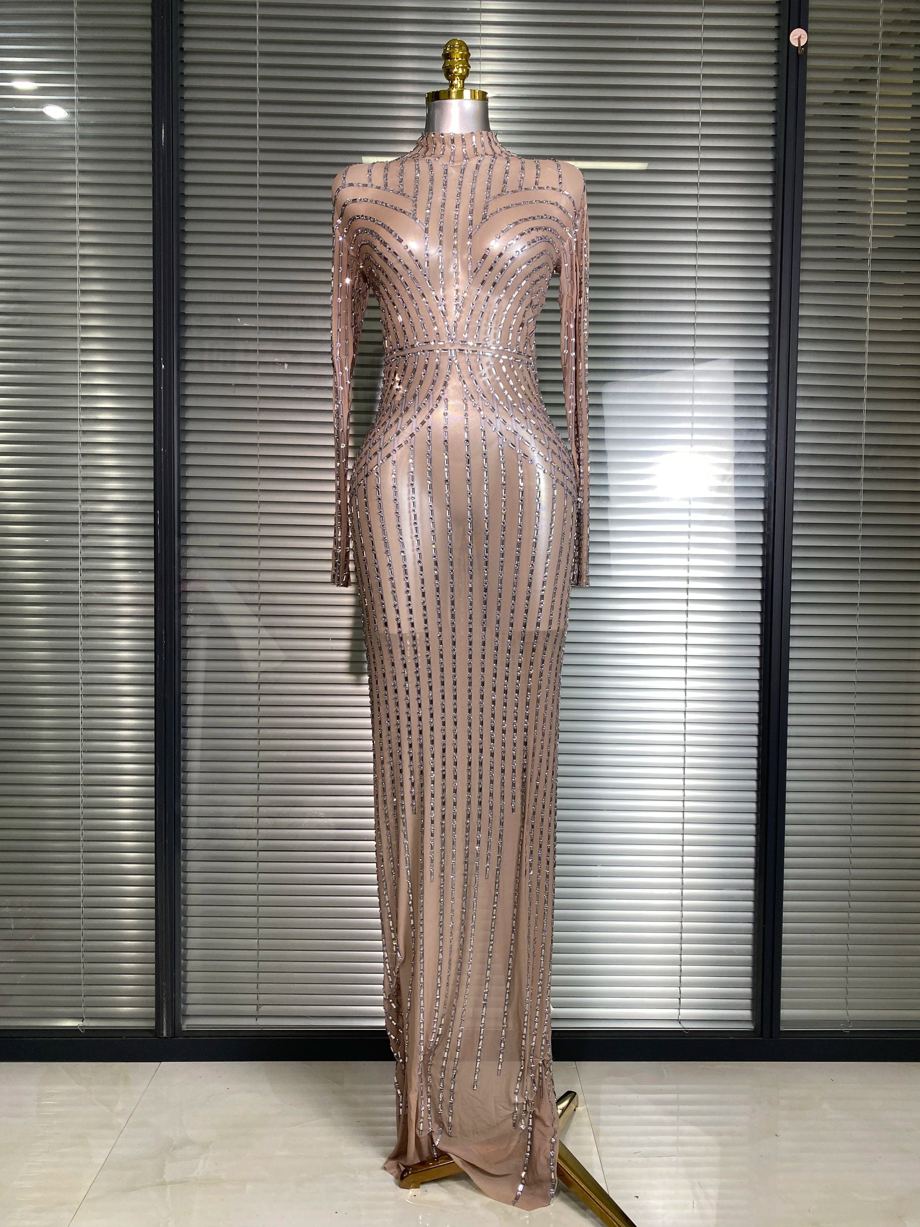 Women Sexy Long Sleeve Mesh Sequins Maxi Dress See Through Gold Silver Party Singer Party Costume Sheer Stage Performance Dress