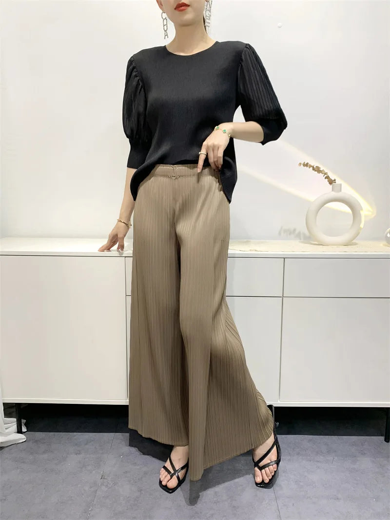 Summer Pants Women Hitching Piece Comfortable Casual New Loose Straight Pants Wide Leg High Waist Thin Pleated Pants