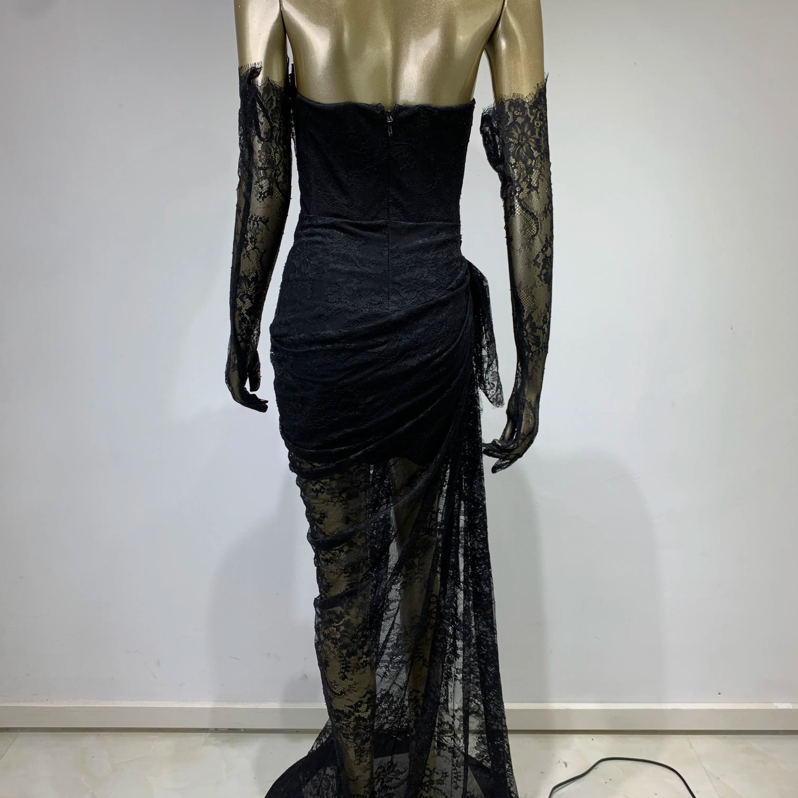 Women Summer Sexy Strapless Backless Black Lace Gloves Maxi Long Dress 2023 Elegant Evening Party Club Dress