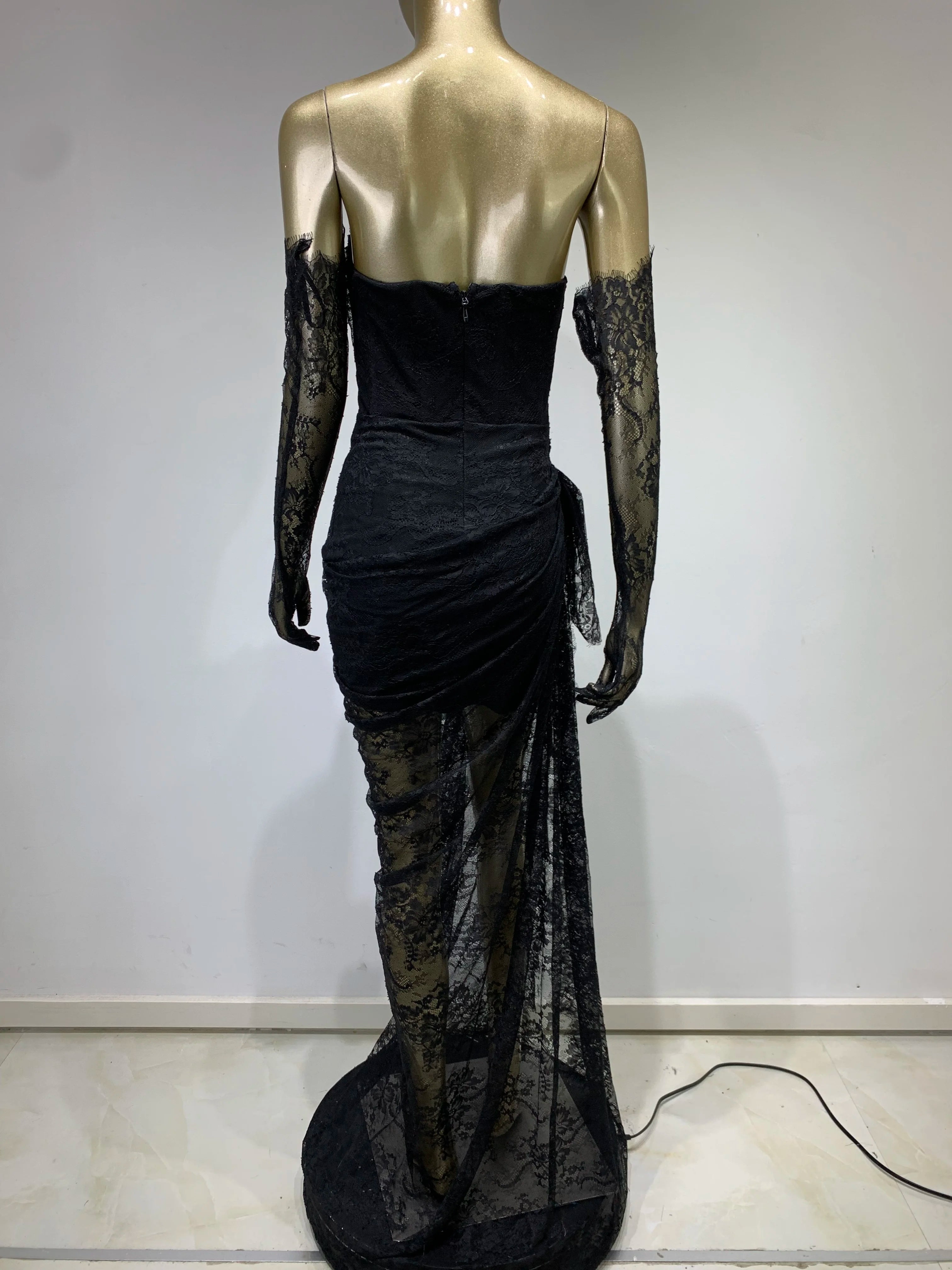 Women Summer Sexy Strapless Backless Black Lace Gloves Maxi Long Dress 2023 Elegant Evening Party Club Dress