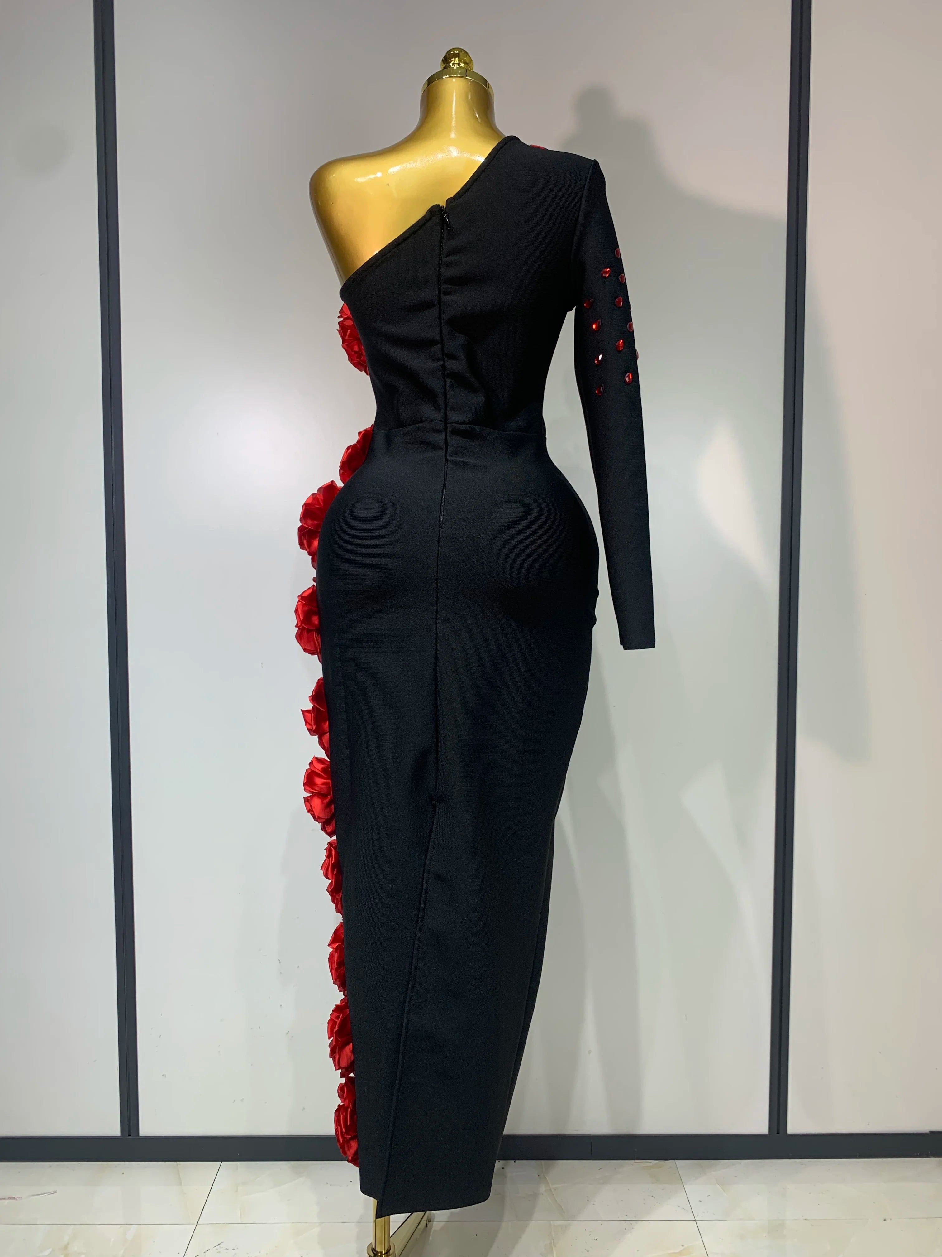 Women Luxury Black Single Sleeve Bandage Dress Red Appliquies Elegant Luxury Rhinestones Birthday Celebrity Evening Party Gowns