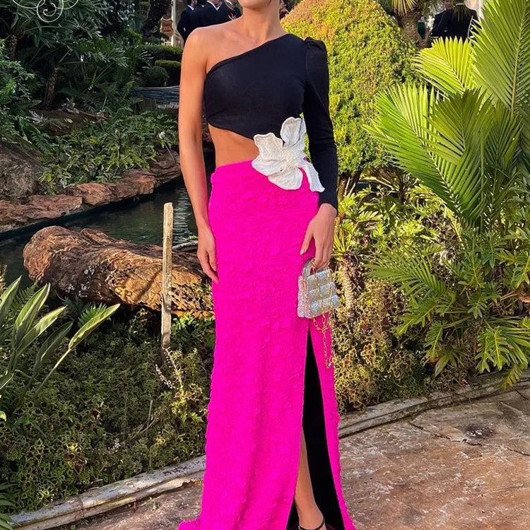 VC Fashion Party Dresses For Women 2023 Autumn Winter Sexy One Shoulder Long Sleeves High Waist Big Flower Decoration Gowns