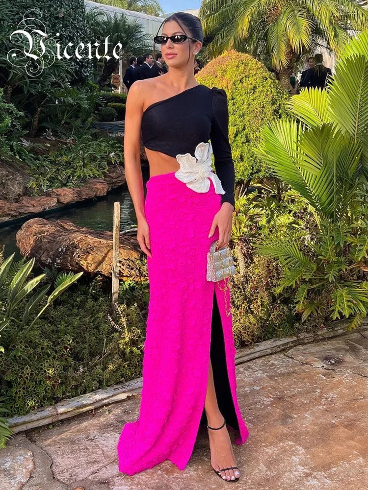 VC Fashion Party Dresses For Women 2023 Autumn Winter Sexy One Shoulder Long Sleeves High Waist Big Flower Decoration Gowns