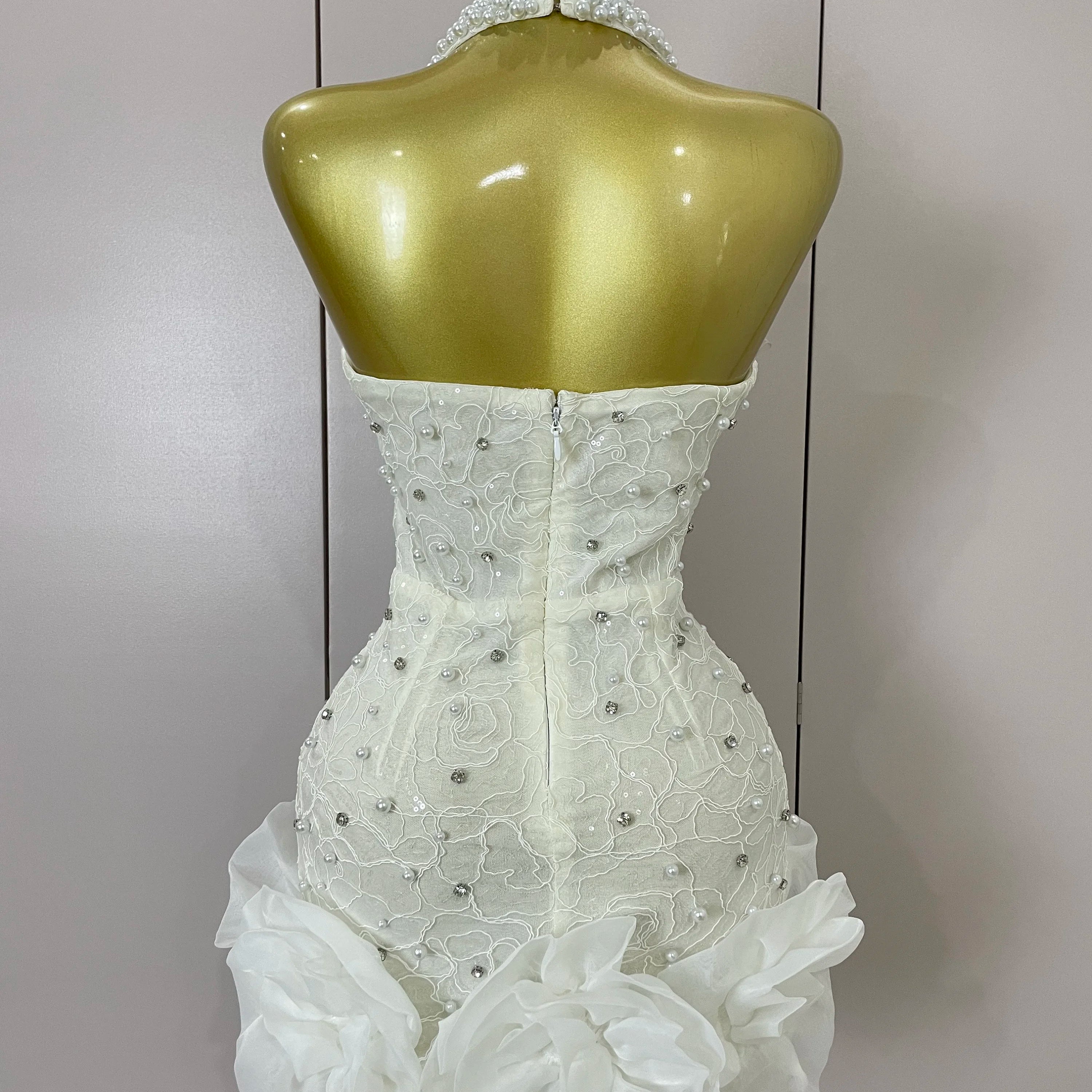 High Quality Luxury Shiny Diamonds Pearl Flowers Deep V Halter Short Dress Women Celebrate Eveing Celebrity Birthday Party Dress