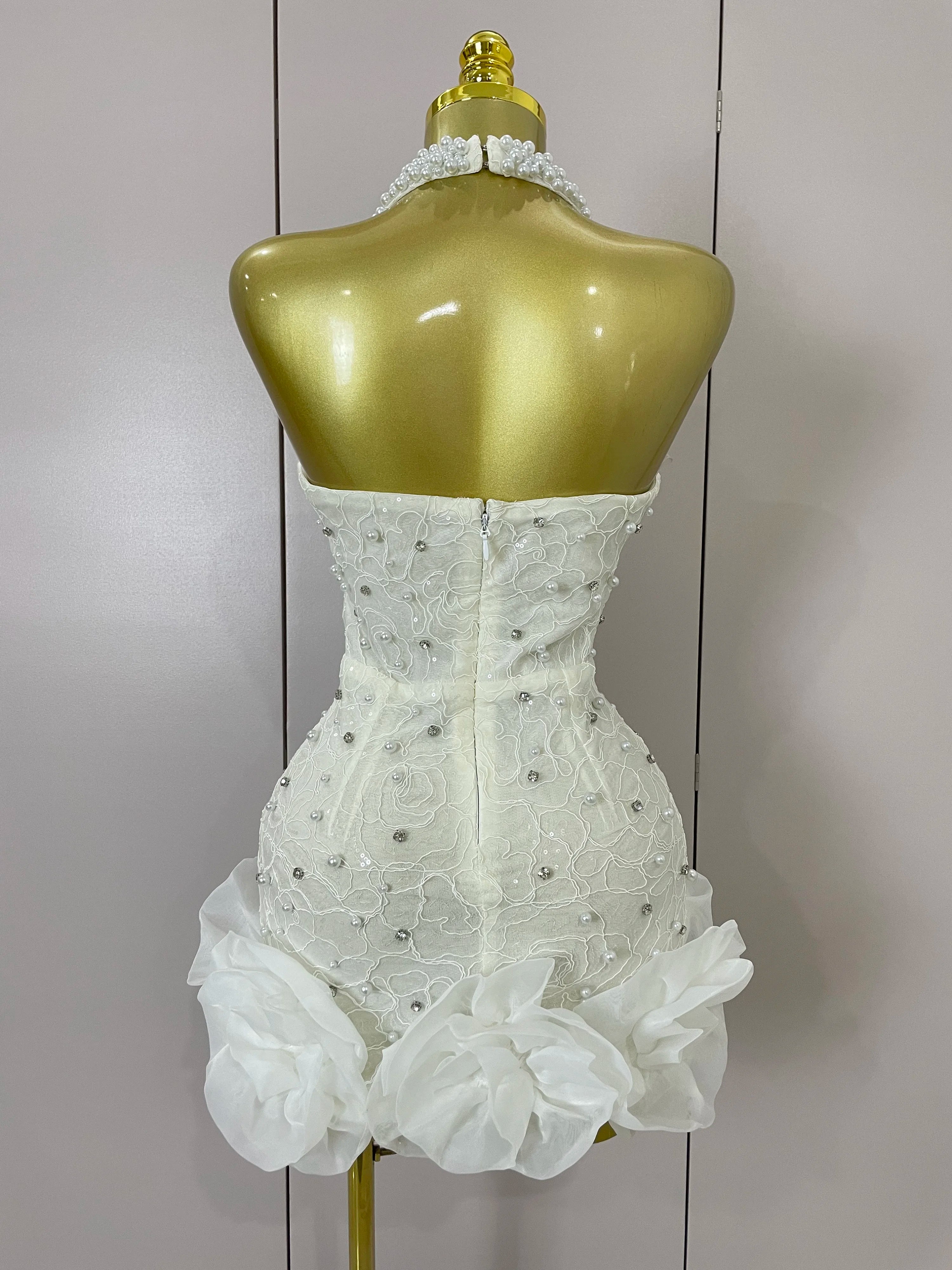 High Quality Luxury Shiny Diamonds Pearl Flowers Deep V Halter Short Dress Women Celebrate Eveing Celebrity Birthday Party Dress