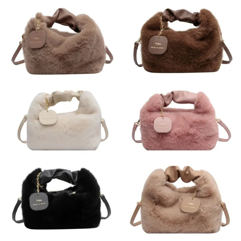 Women Faux Fur Handbags Zipper Small Lady Shoulder Crossbody Bag Casual Tote Half-Moon Hobos Winder