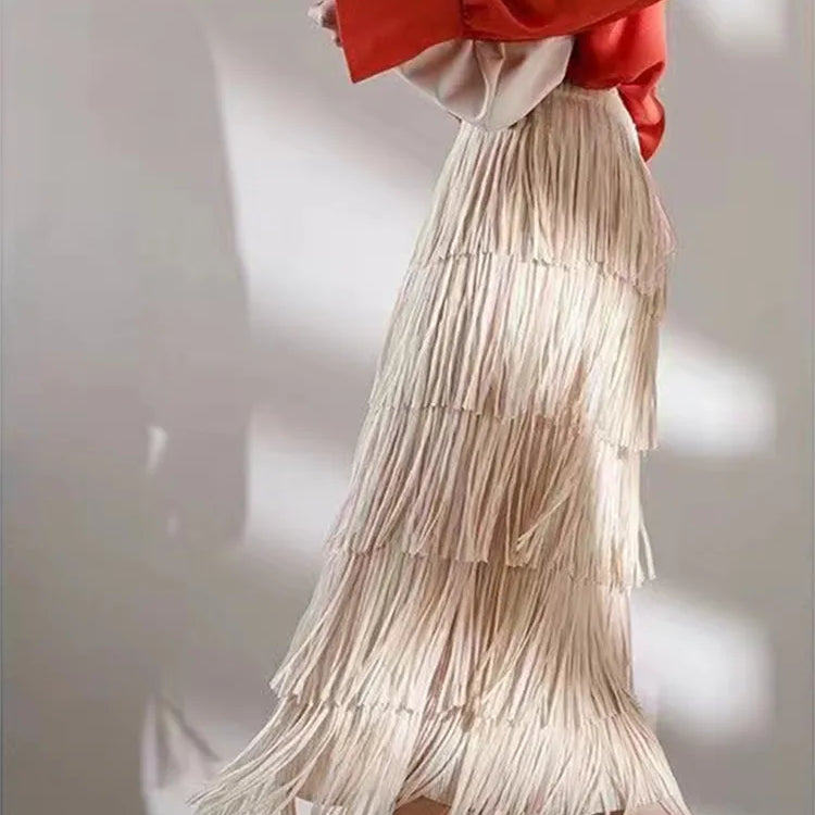 Pleated Tassel Long Skirts For Women High Waist Solid Color Stitching Elegant Party Clothing 2024 Summer Autumn