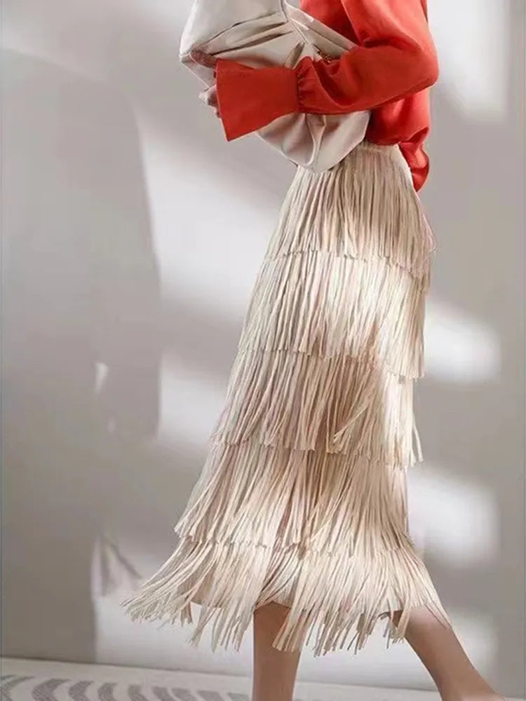 Pleated Tassel Long Skirts For Women High Waist Solid Color Stitching Elegant Party Clothing 2024 Summer Autumn