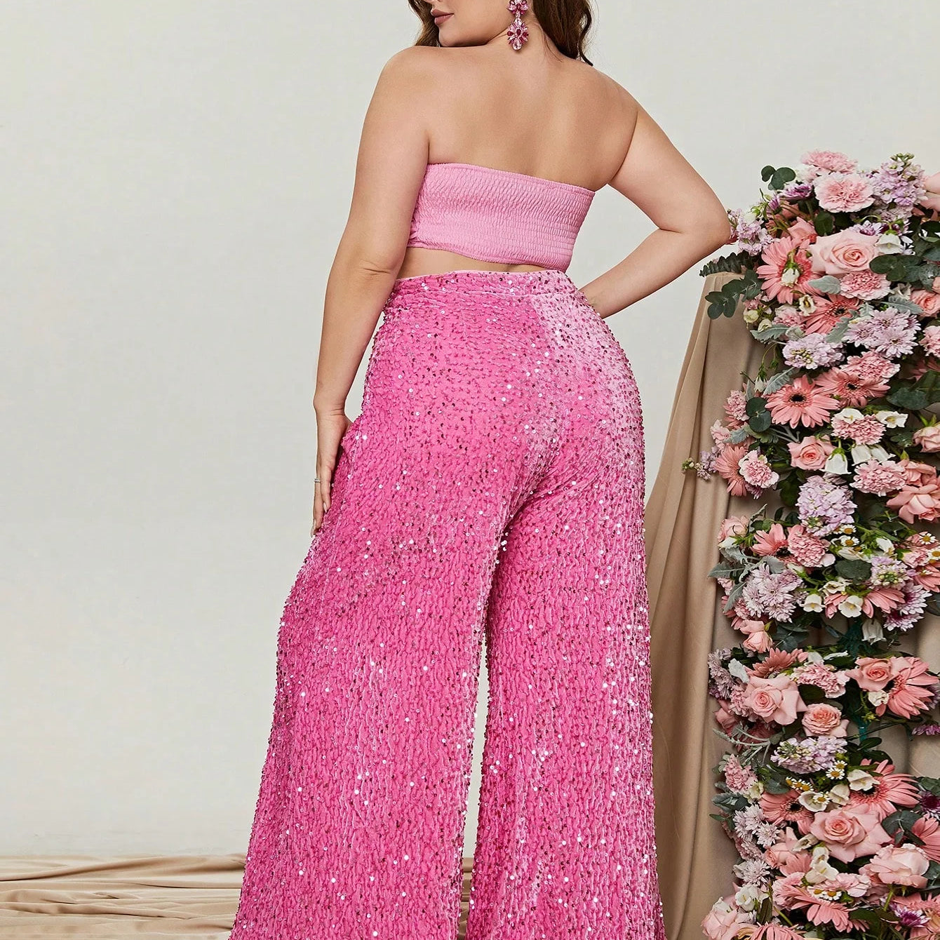 Plus Size Tube Top 3D Flower and Sequin Party Suit