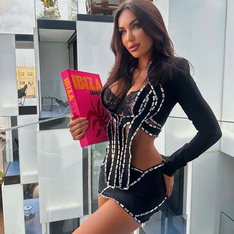 High Quality Women Long Sleeve Shinning Crystal 2 Pieces Bodycon Mini Bandage Dress Rayon Fashion Nightclub Party Birthday Dress