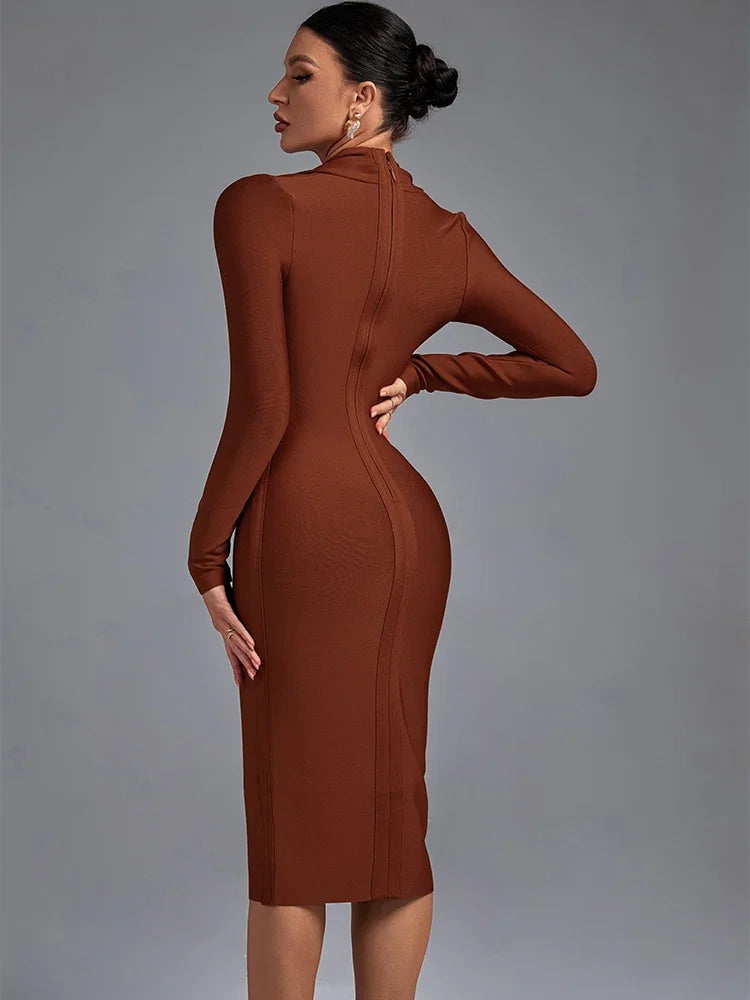 Draped Bandage Dress Women Long Sleeve Bandage Dress Bodycon Elegant Sexy Midi Evening Party Dress Summer Club Outfits
