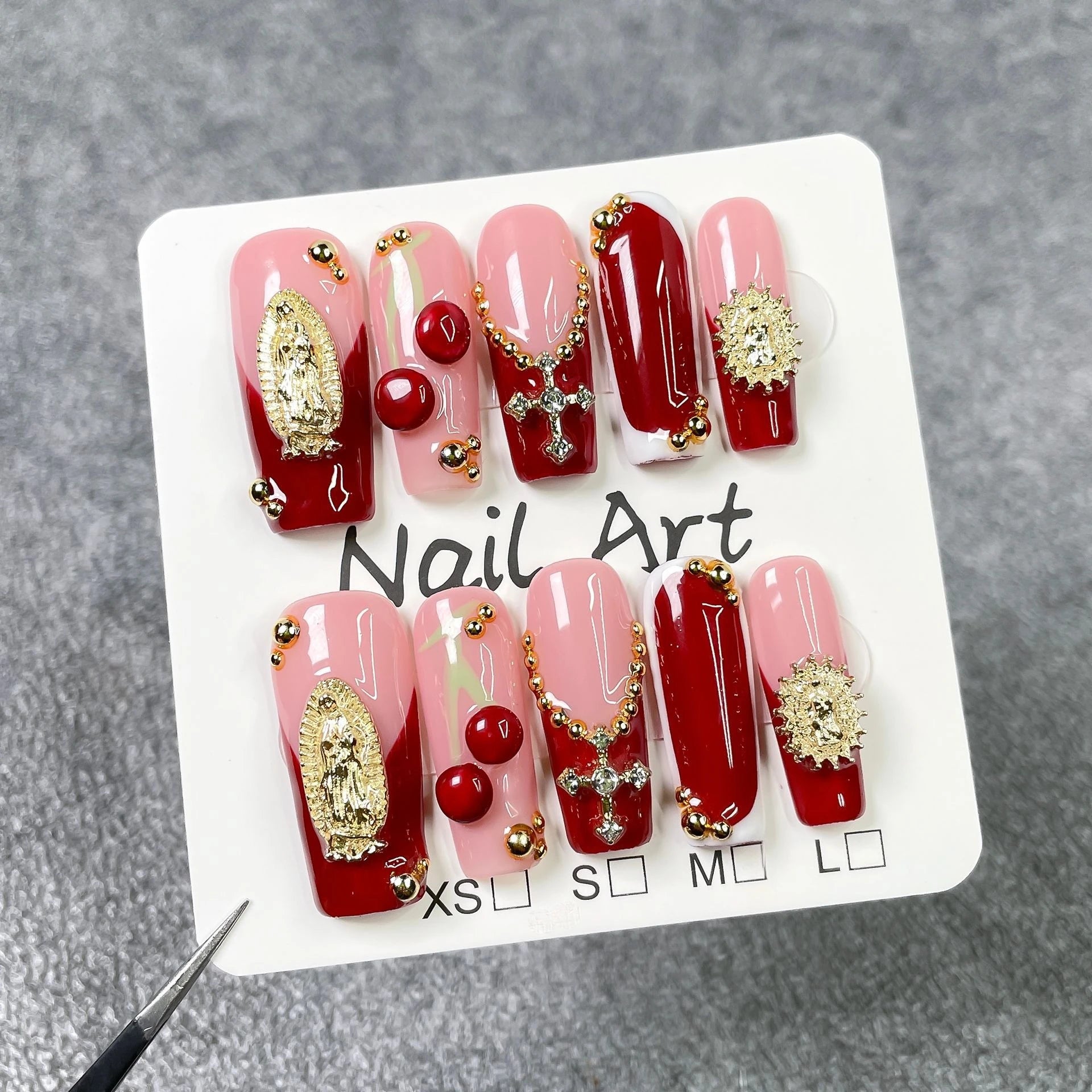 10Pcs Wine Red French Coffin Long Press on Nails Light Luxury Maximalism Golden Baroque Designs Stick on Retro Nails Detachable