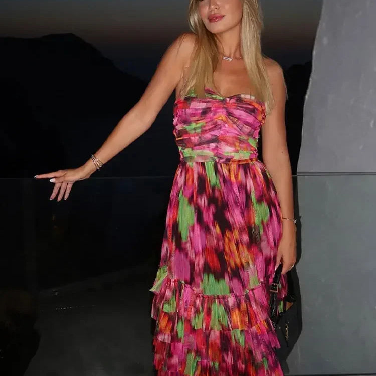 Colorful Strapless Long Dress Women Elegant Backless Patchwork Bodycon Dresses Summer Female Club Party Evening Vestidos