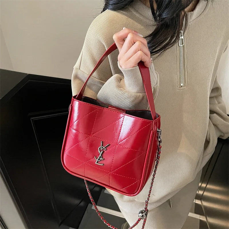 Quilted Leather Crossbody Bag - 90s Vintage Shoulder Purse for Women, Designer Luxury Small Handbag with Chain