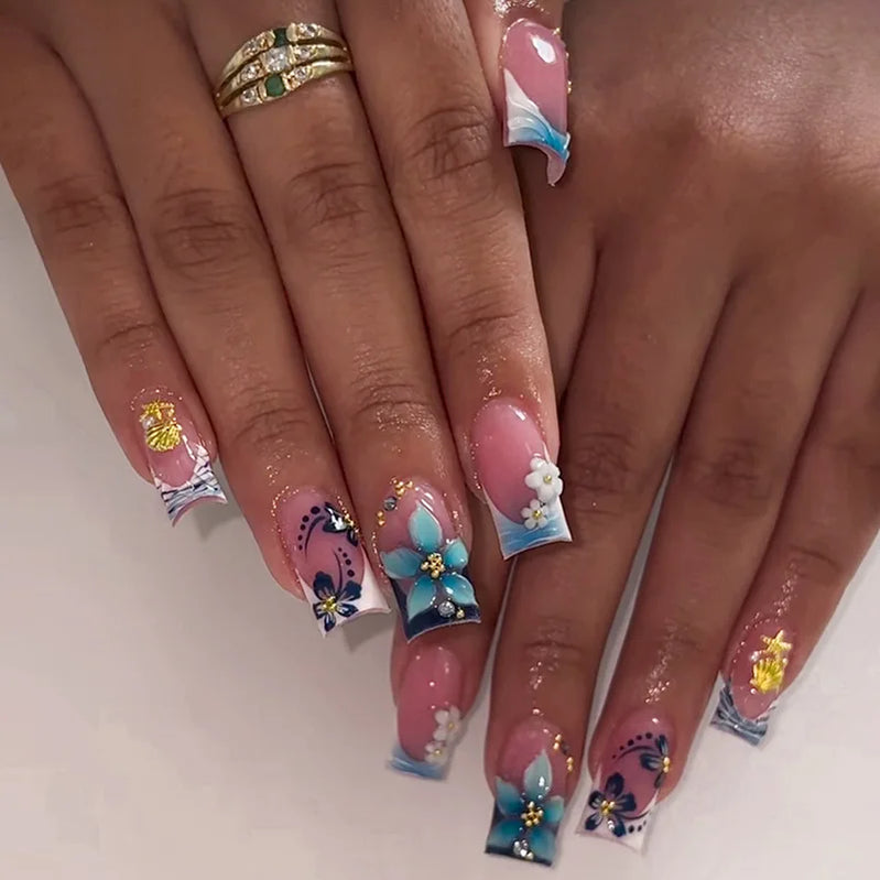 24Pcs Blue Smudge French False Nails Press on 3D Flower Starfish Shell Fake Nails Mid-length Square Wearable Full Cover Nail Tip