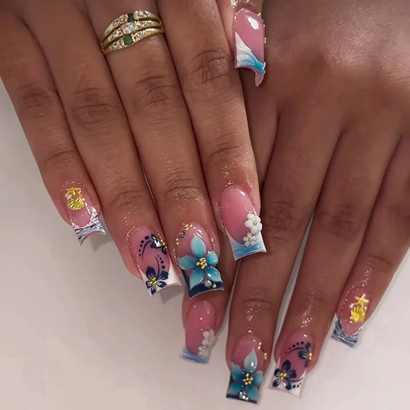 24Pcs Blue Smudge French False Nails Press on 3D Flower Starfish Shell Fake Nails Mid-length Square Wearable Full Cover Nail Tip