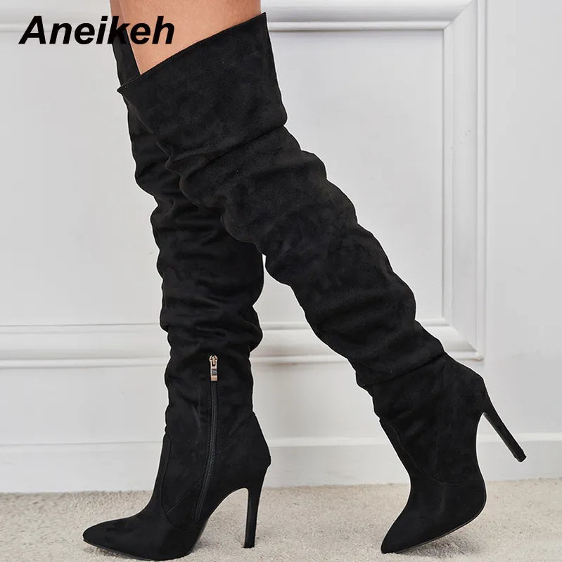 Women's Fashion Trend Pointed Toe Thin Heel Over Knee Boots Spring/Autumn Flock Splicing Side Zipper Chelsea Boots Black