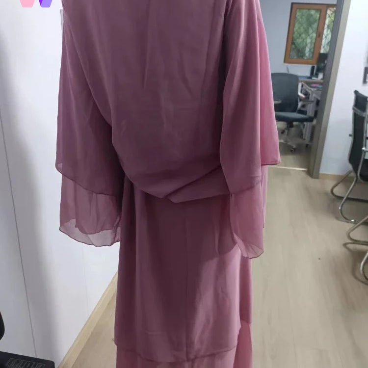 New In Women Abaya NO SCRARF(Encrypted Chiffon)Elegant Muslim Stitching Three Layer Abaya Ruffle Sleeves Cardigan Marocain Dress