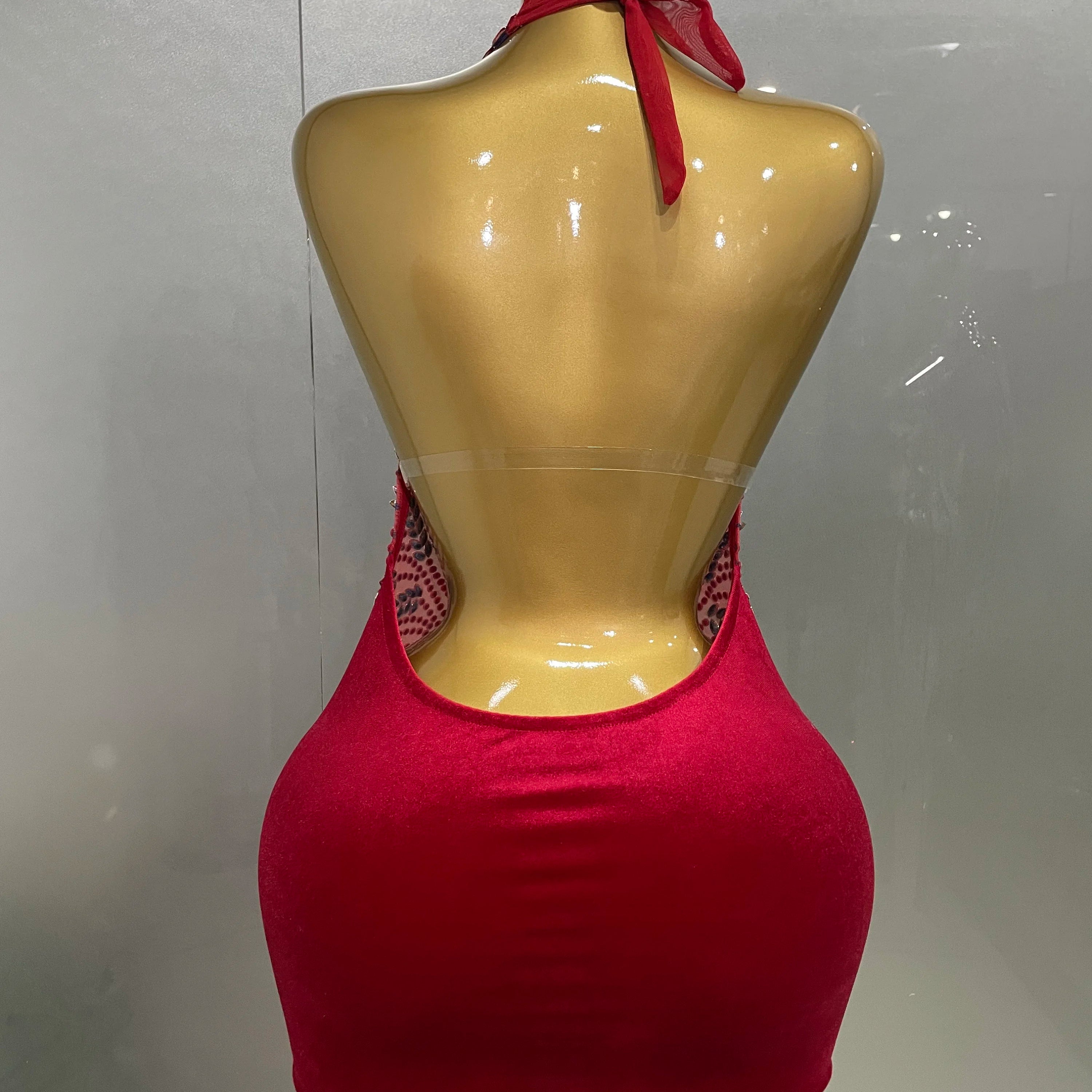 Sexy Red Sparkly Rhinestones Halter Backless Velour Short Dress 2025 New Women Evening Prom Celebrate Birthday Party Stage Wear