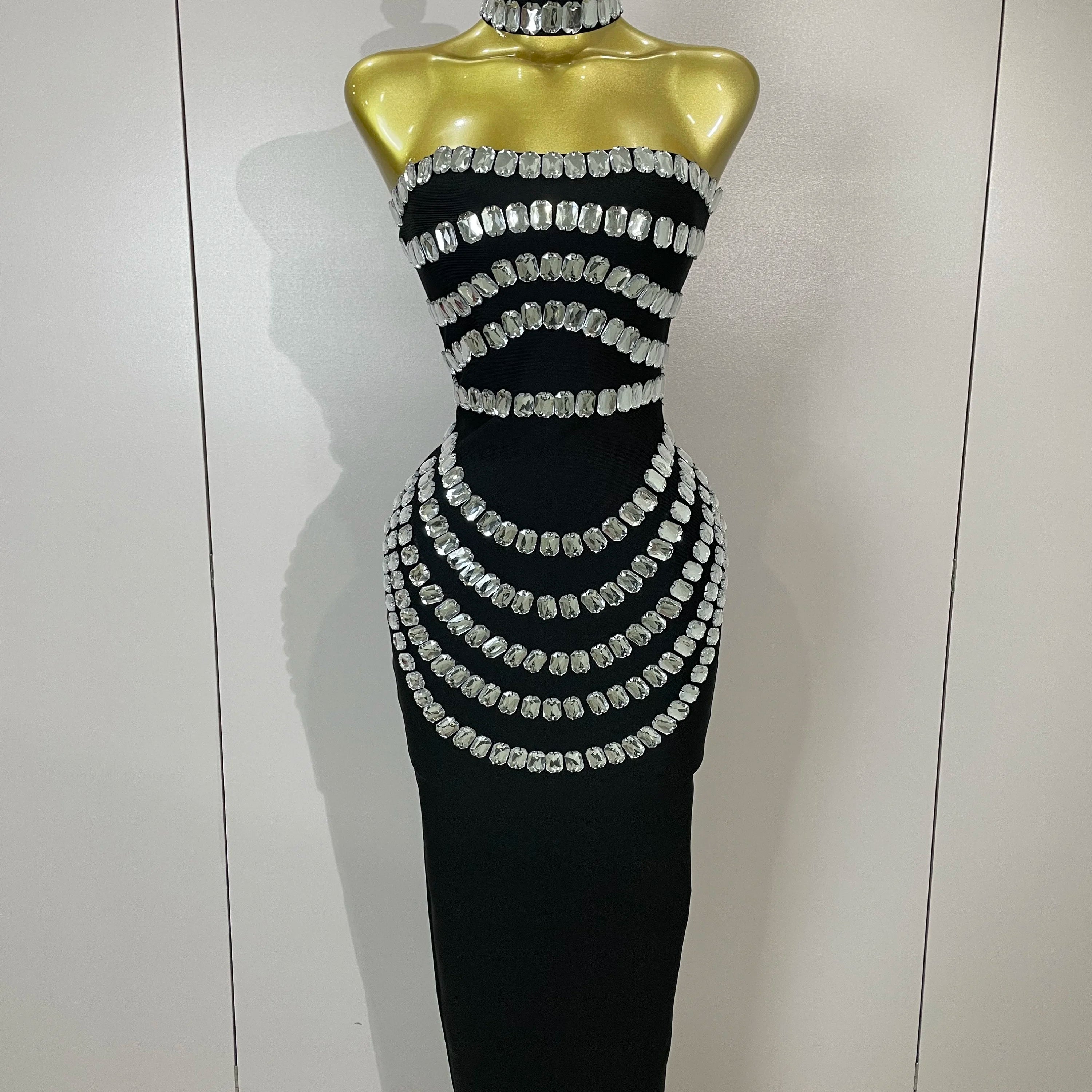2025 Women Sexy Backless Strapless Black Beading Long Bandage Bodycon Dress  Celebrity Elegant Evening Luxury Birthday Dresses