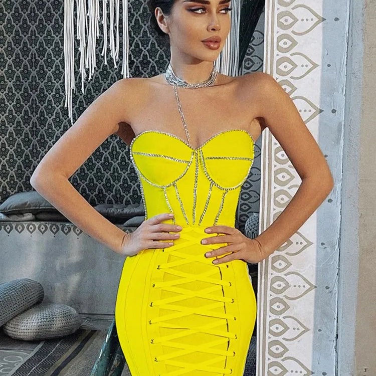 Women Luxury Sexy Strapless Backless Crystal Sparkly Beige Pink Mini Bodycon Bandage Dress 2022 Elegant Evening Club Party Dress Yellow