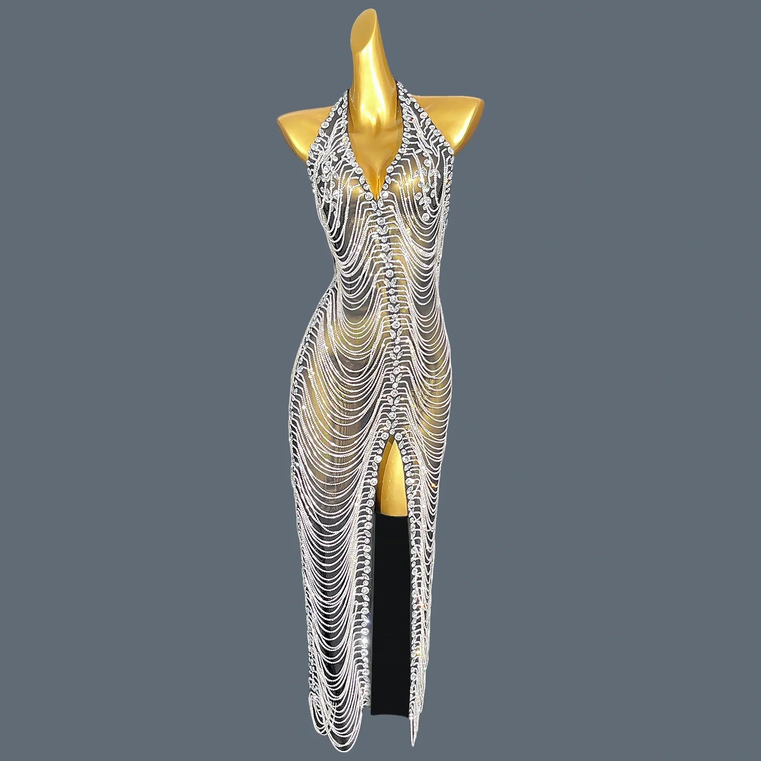 High-end Rhinestones Girls Prom Sheer Mesh Long Dress Sexy See Through Diamond Beaded Chains Birthday Party Cocktail Gown Heiwan