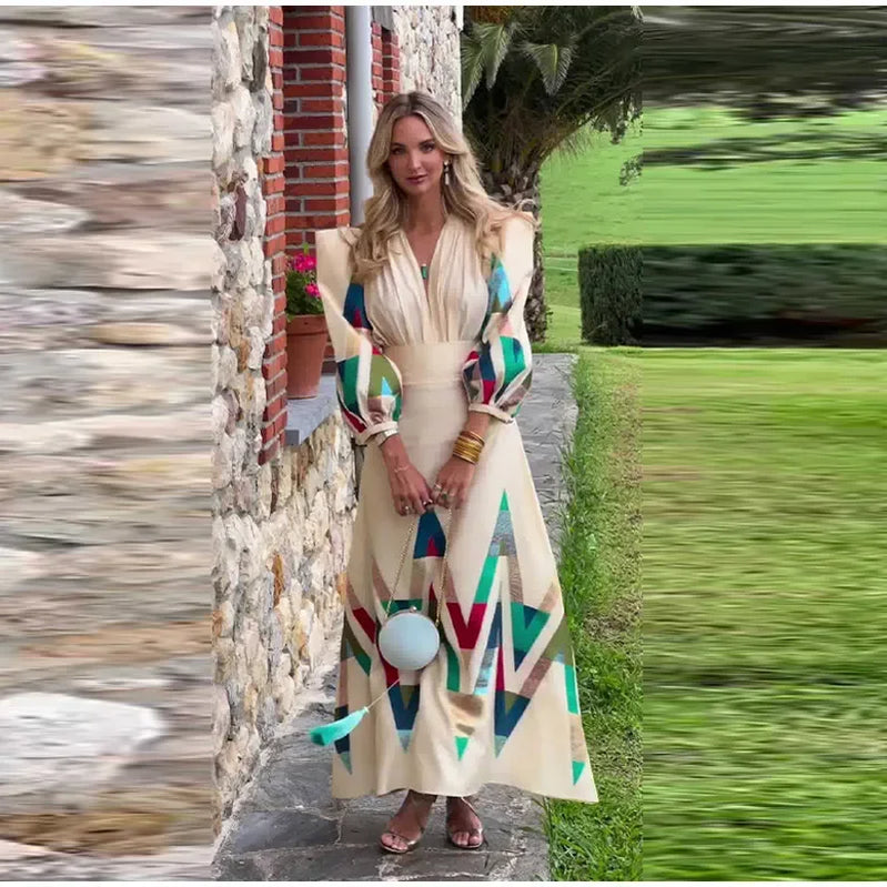 Vintage Printed Pleated Suit Dress Shoulder Pads Puff Sleeve V-neck Top High Waist Skirt Female New Spring Autumn Lady Suit