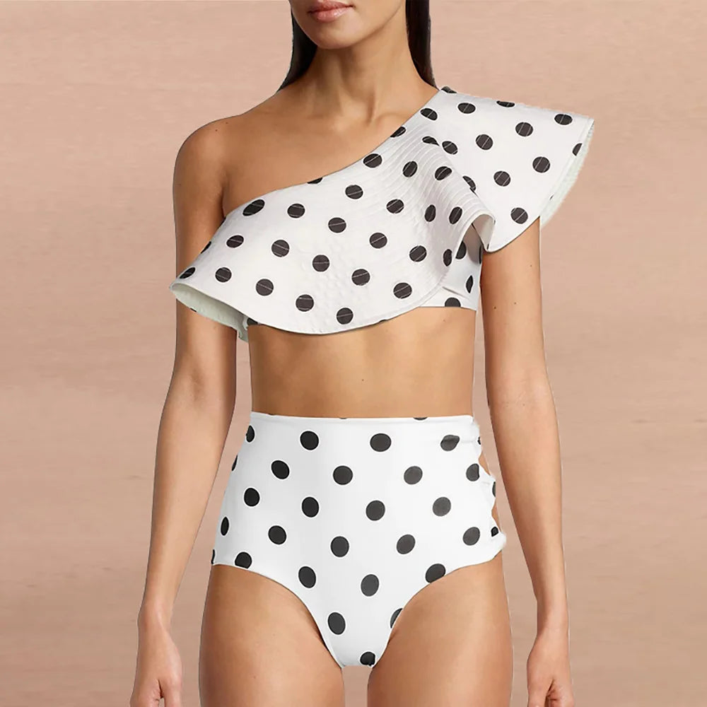 Women's Printed Ruffle Swimsuit Fashion One Shoulder Slash Breasted Bikini Two Piece High Waisted Tummy Tuck Beachwear 2023 New WHITE