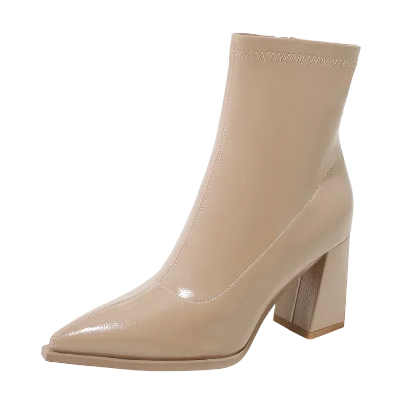 Hot Sale Shoes Female Zipper Winter Women's Boots Pointed Toe Solid Plus Velvet Warm Short Barrel High Heels British Boots Milk tea velvet