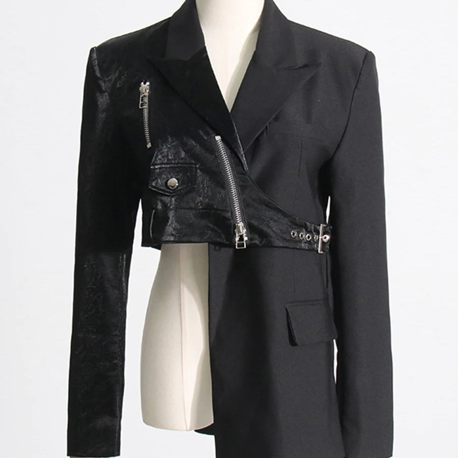 TWOTWINSTYLE Solid Spliced Zipper Irregular Jackets for Women Lapel Long Sleeves Patchwork Pockets Fshion Jacket Female Clothing