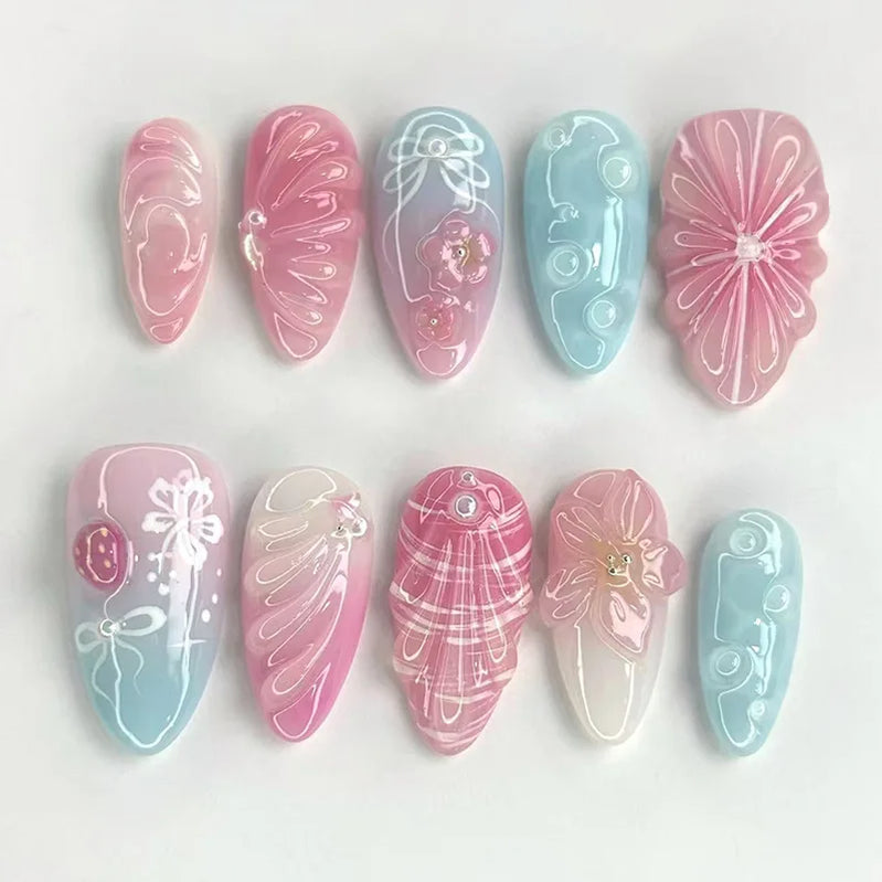 24Pcs Cute Rabbit Design Press on Nails Red Strawberry Pattern Wearable False Nails Mid-length Almond Full Cover Fake Nail Tips