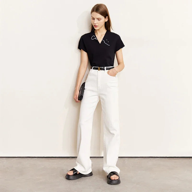 Minimalism Autumn Jeans For Women Straight Trousers Cotton Denim High Waist Wide Leg Casual Loose Pants beige