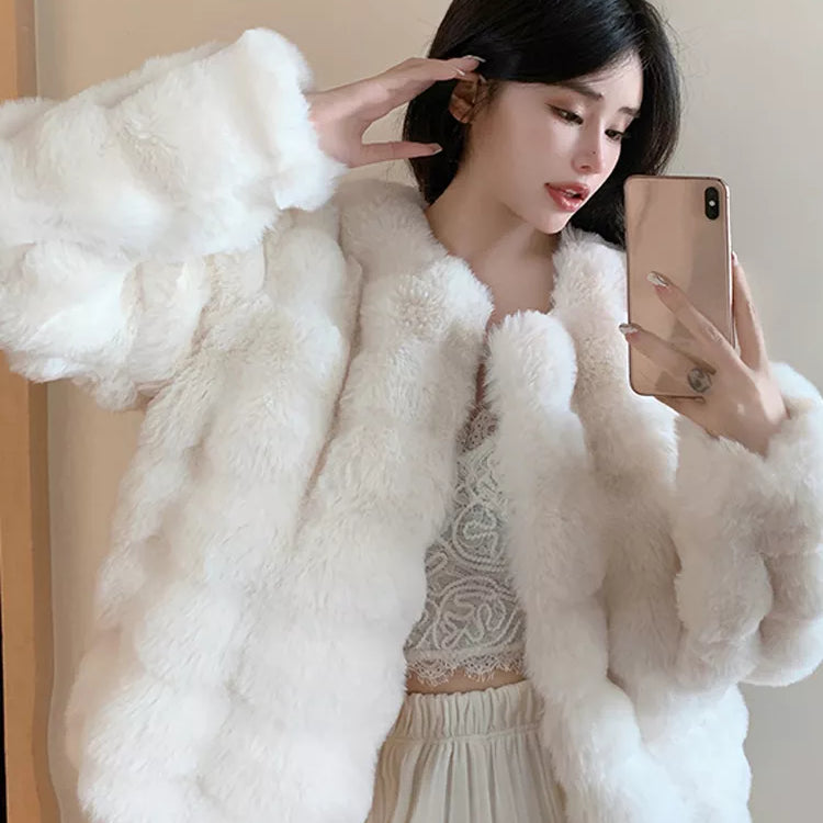 Fashion Imitation Rabbit 'S Hair Coat Women Winter Warm Luxury Fur Jacket Plus Size Outwear Female Vest Coats Beige