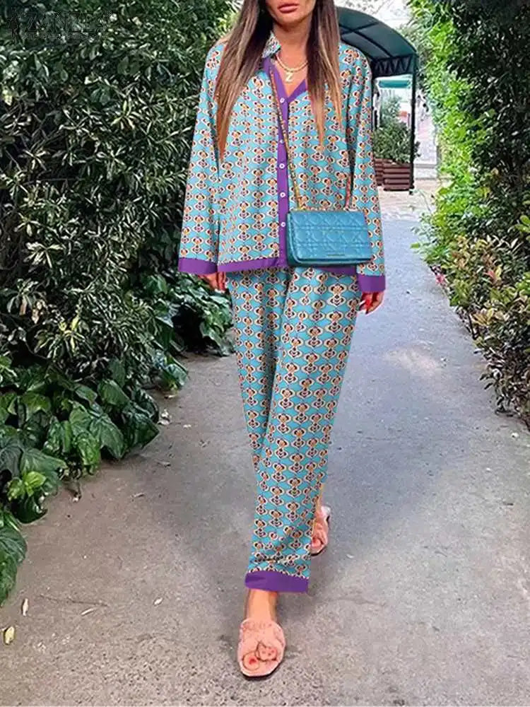 Women Printed Long Sleeve Blouse and Loose Pants Casual Outfits Loose Streetwear Loungewear Oversized ZANZEA Set Tracksuits Blue
