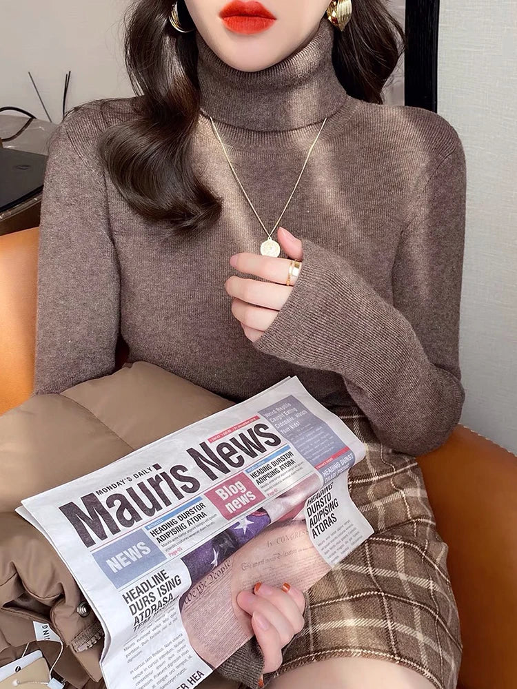 Women Turtleneck Sweaters Casual Soft Long Sleeve Pullovers Elastic Jumpers Knitwear Slim Basic Sweater For Women Autumn Winter Dark Khaki One Size