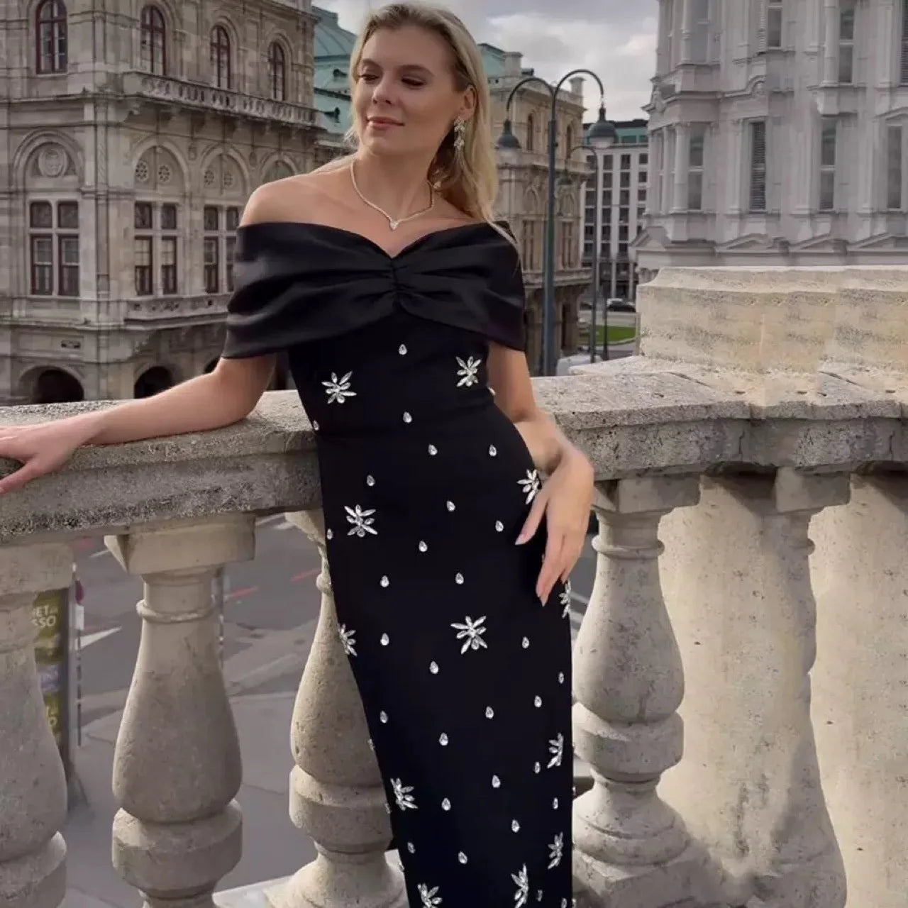 Shining Diamond Sexy Off The Shoulder Black Ankle Lenght Bandage Dress Graceful Woman Party Vestido Birthday Party Outfit