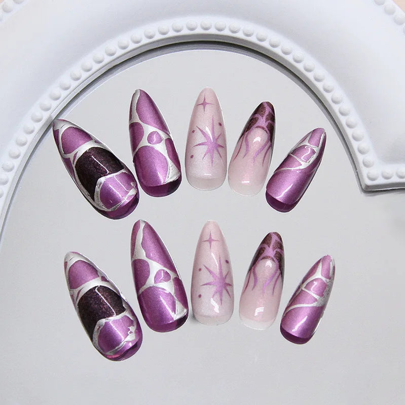 24pcs Punk Purple Press on Nails Star Moon Print y2k Style False Nails for Girl Wearable Reusable European Almond Fake Nail Tips